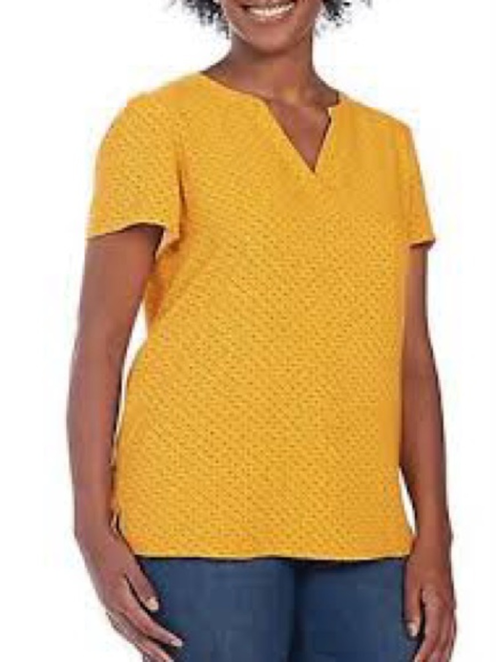 Hilary Radley Mustard Yellow Short Sleeve Split-Neck Polka Dot Blouse SZ S